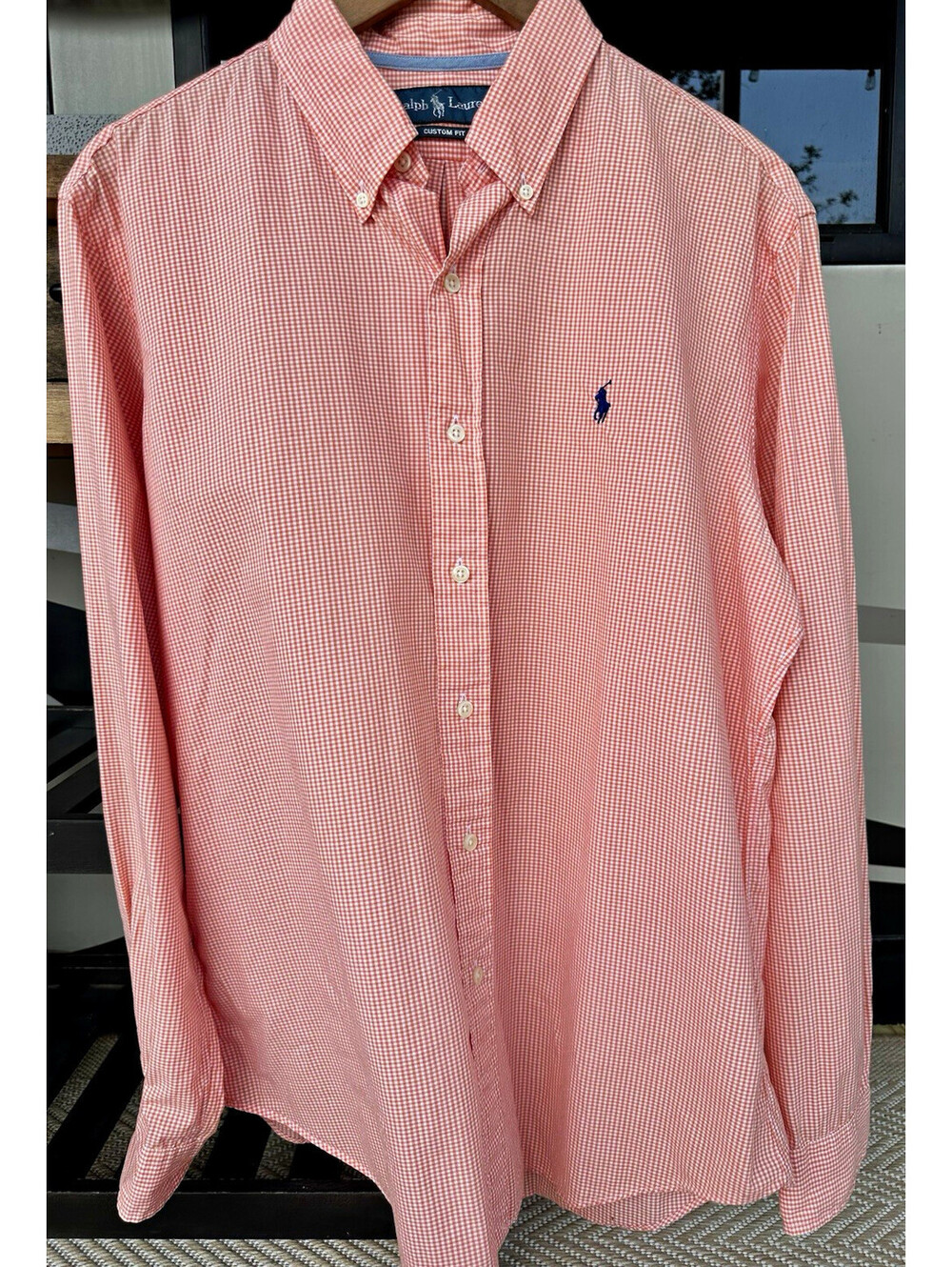 Ralph Lauren Custom Fit Men's Orange/White Gingham Button-Down Shirt L